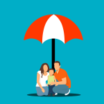 Family of three under an umbrella