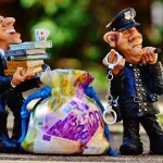 Animated image of a man with files and money bag, and a police with handcuffs